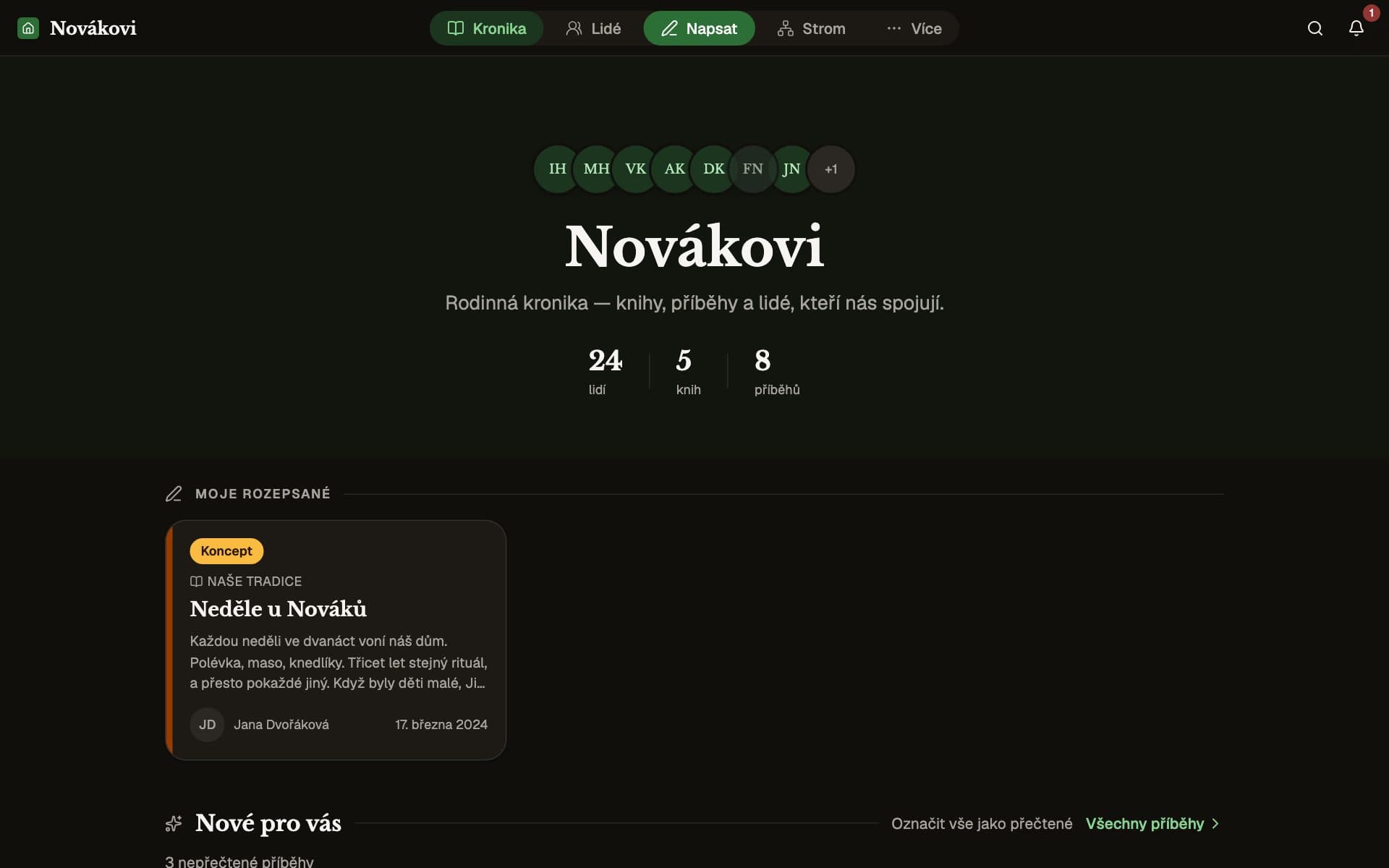 Úvodní stránka kroniky Nováků: pět knih příběhů a lidé z rodiny