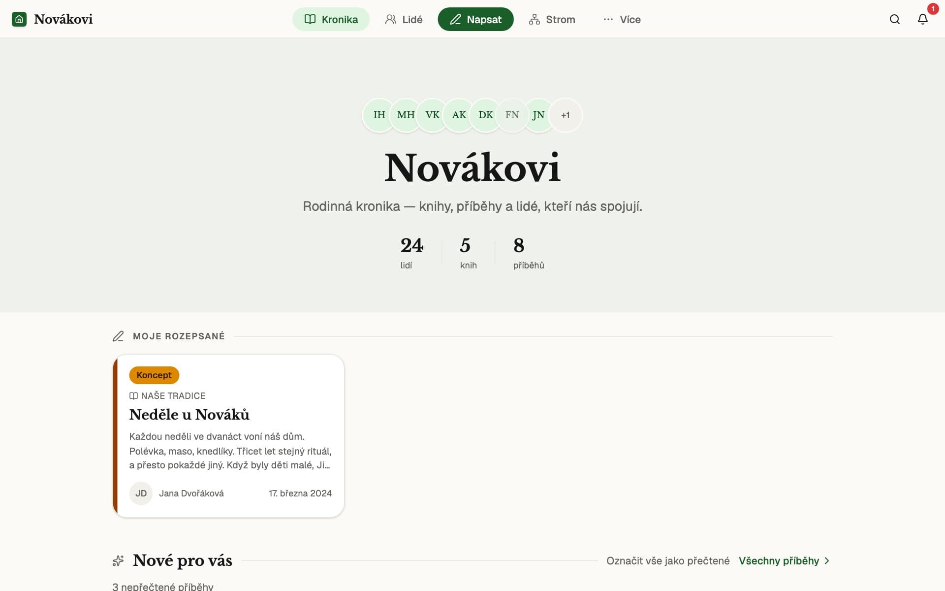 Úvodní stránka kroniky Nováků: pět knih příběhů a lidé z rodiny